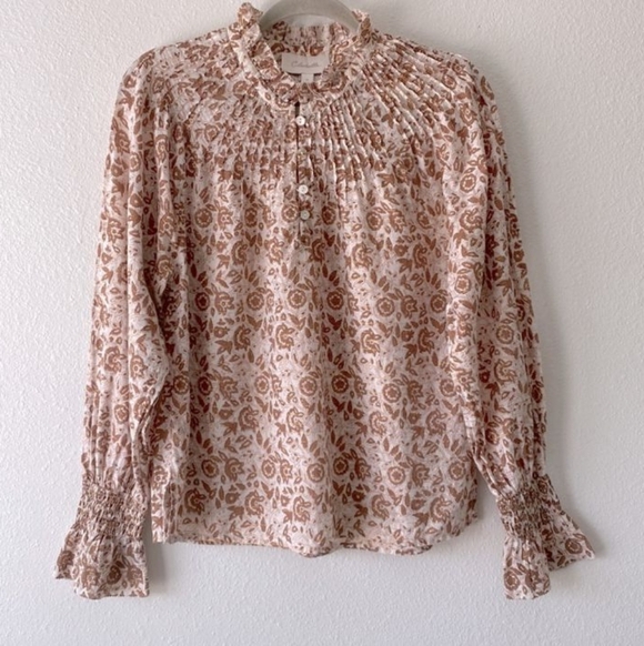 Cloebella Rezza Floral Neutral Metallic Smocked Sleeve Blouse Medium - Picture 13 of 15